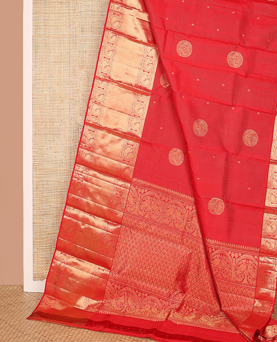 Red zari stripes and buttas Kanchipuram silk saree,  zari border of thilakam, paisa, round mayil, and mayil kann designs, and jaal pallu