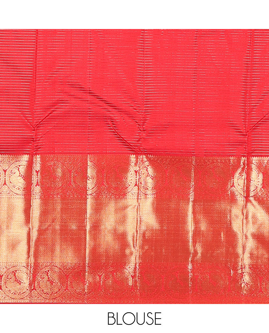 Red zari stripes and buttas Kanchipuram silk saree,  zari border of thilakam, paisa, round mayil, and mayil kann designs, and jaal pallu