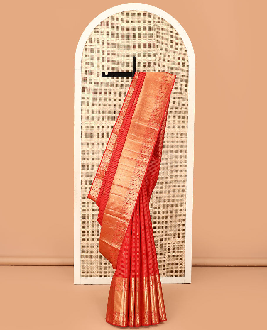 Red zari stripes and buttas Kanchipuram silk saree,  zari border of thilakam, paisa, round mayil, and mayil kann designs, and jaal pallu