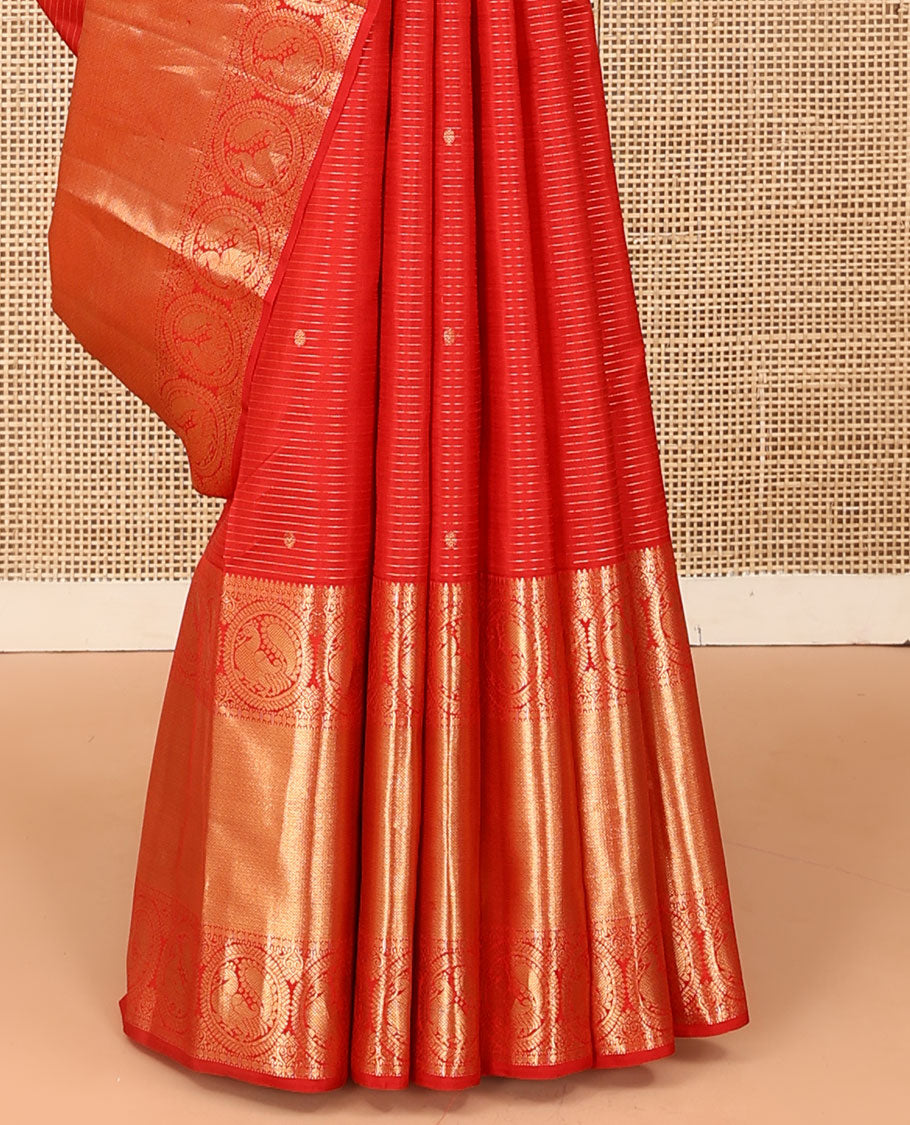 Red zari stripes and buttas Kanchipuram silk saree,  zari border of thilakam, paisa, round mayil, and mayil kann designs, and jaal pallu