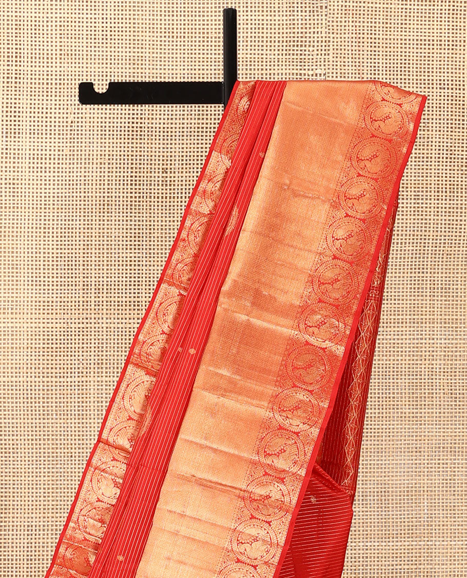 Red zari stripes and buttas Kanchipuram silk saree,  zari border of thilakam, paisa, round mayil, and mayil kann designs, and jaal pallu