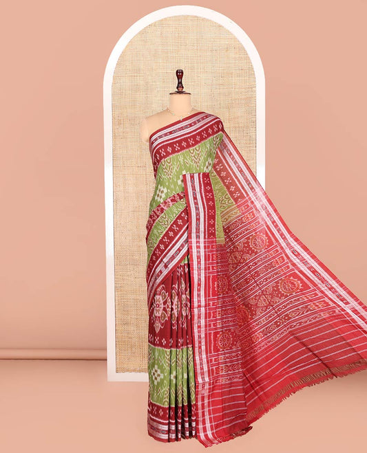 Green Odisha Cotton Saree, Delicately Woven with Intricate Designs All Over the Body, Complemented by Contrast Border of Geometric Patterns, Contrast Pallu of Unique Designs in Hazily, and Has No Blouse
