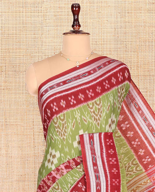 Green Odisha Cotton Saree, Delicately Woven with Intricate Designs All Over the Body, Complemented by Contrast Border of Geometric Patterns, Contrast Pallu of Unique Designs in Hazily, and Has No Blouse