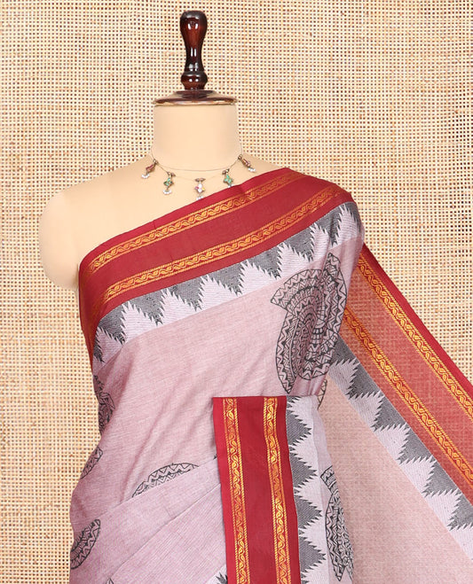 Dusky Pink Chettinad Cotton Saree, Adorned with Geometric Buttas, a Contrast Ganga-Jamuna Traditional Border, No Blouse