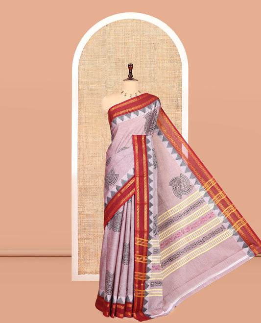 Dusky Pink Chettinad Cotton Saree, Adorned with Geometric Buttas, a Contrast Ganga-Jamuna Traditional Border, No Blouse