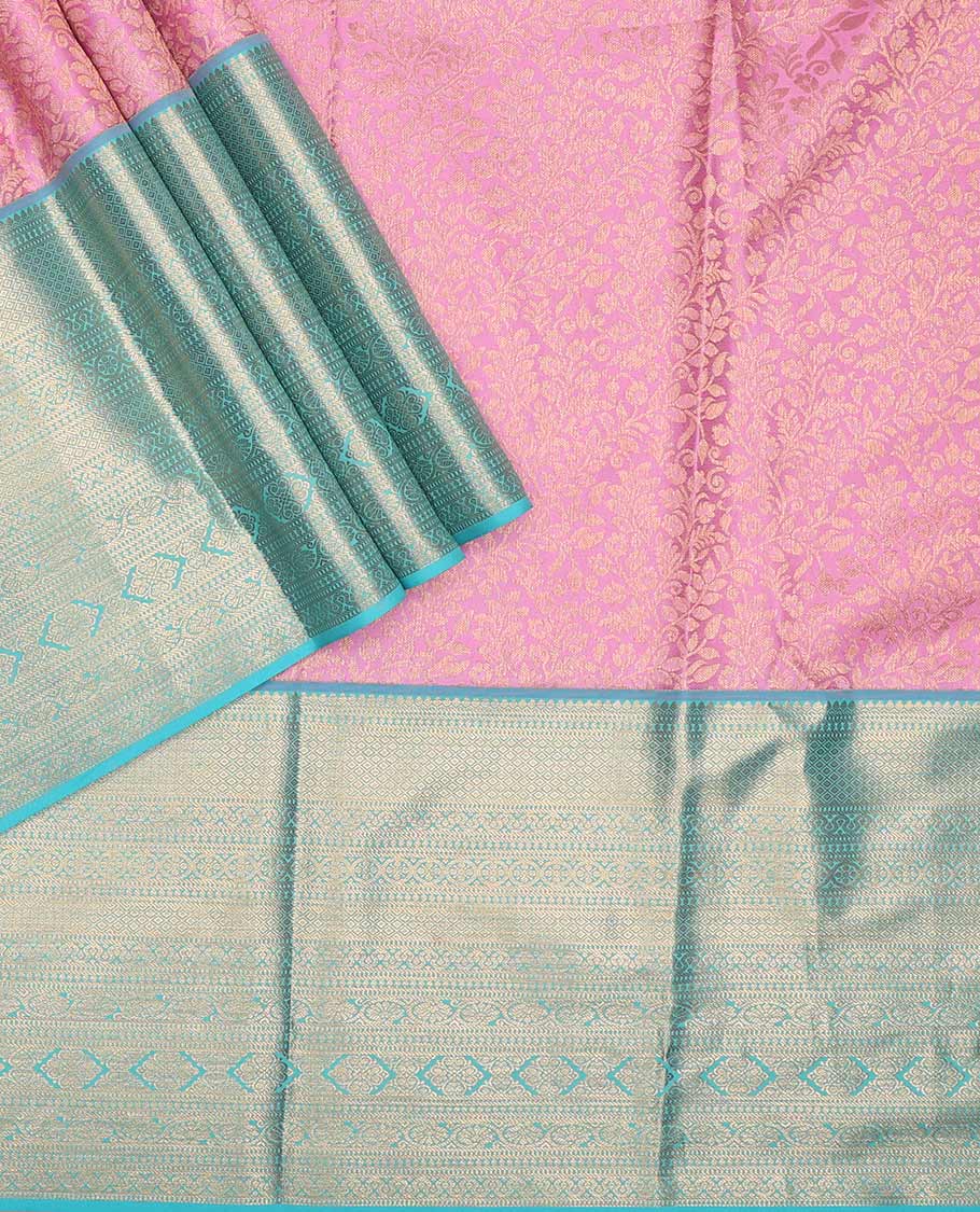 Pink pure silk half-saree, floral jacquard with contrast traditional zari bordered skirt, contrast zari design blouse, and zari design dhavani