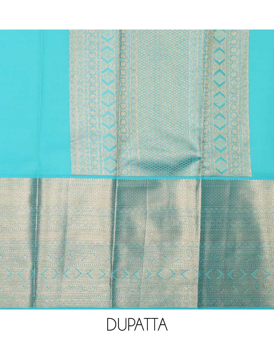 Pink pure silk half-saree, floral jacquard with contrast traditional zari bordered skirt, contrast zari design blouse, and zari design dhavani