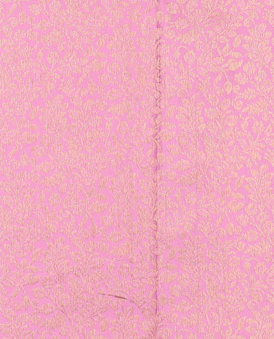 Pink pure silk half-saree, floral jacquard with contrast traditional zari bordered skirt, contrast zari design blouse, and zari design dhavani