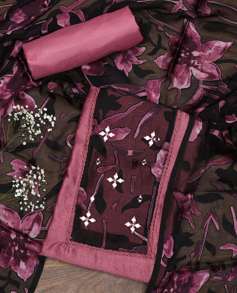 Pink material chudidar set, patch embroidered top, plain bottom, and contrast floral printed dupatta