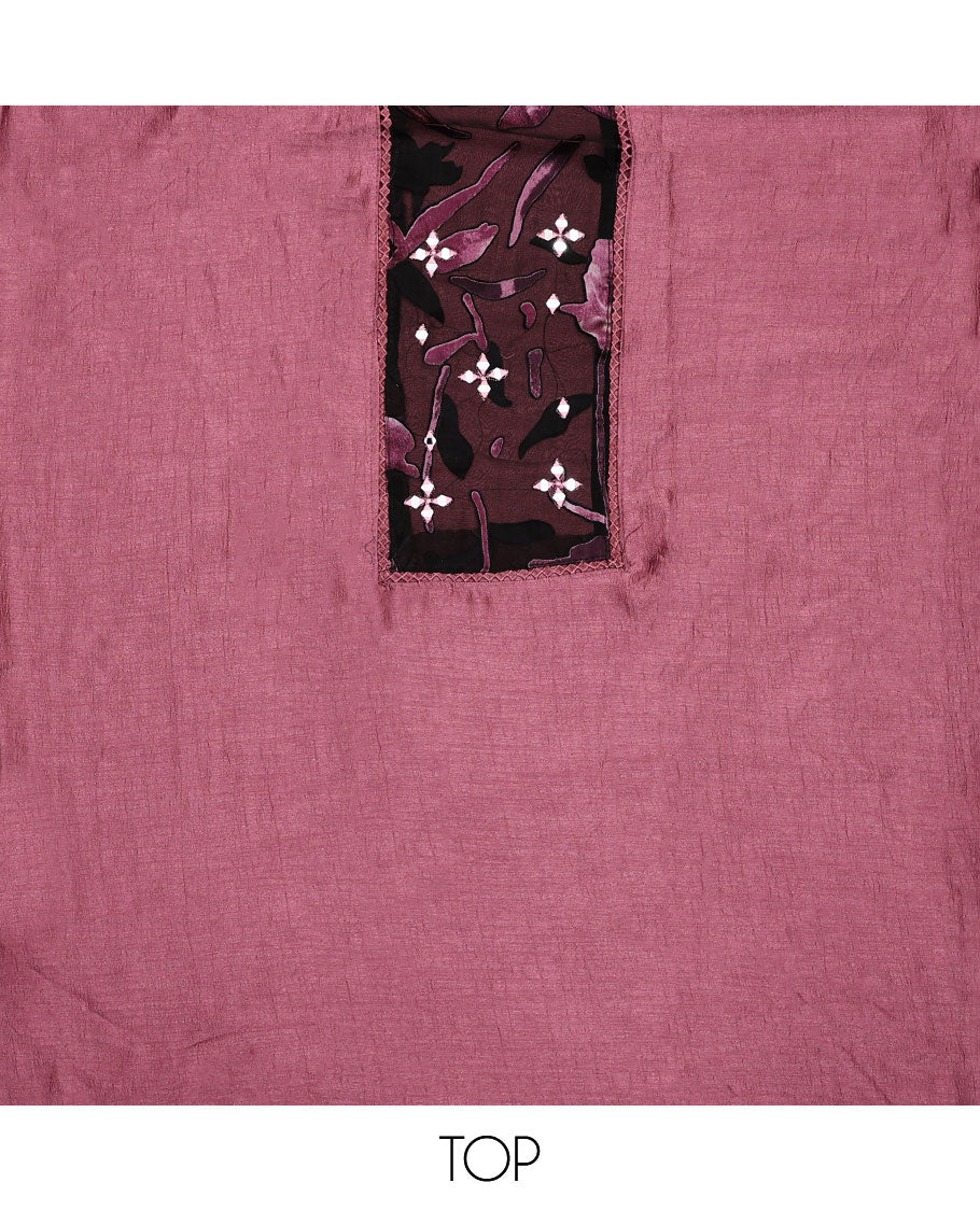 Pink material chudidar set, patch embroidered top, plain bottom, and contrast floral printed dupatta