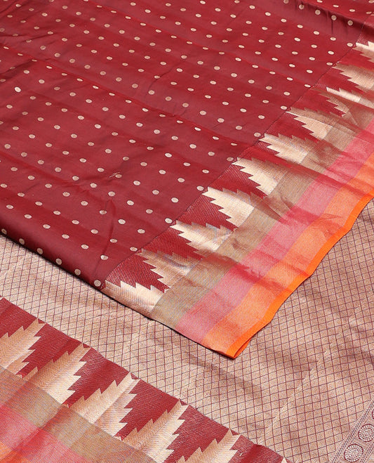 Maroon zari buttas vasundhara silk mix saree, contrast tri-colored striped thazampoo rekku border & jaal design pallu