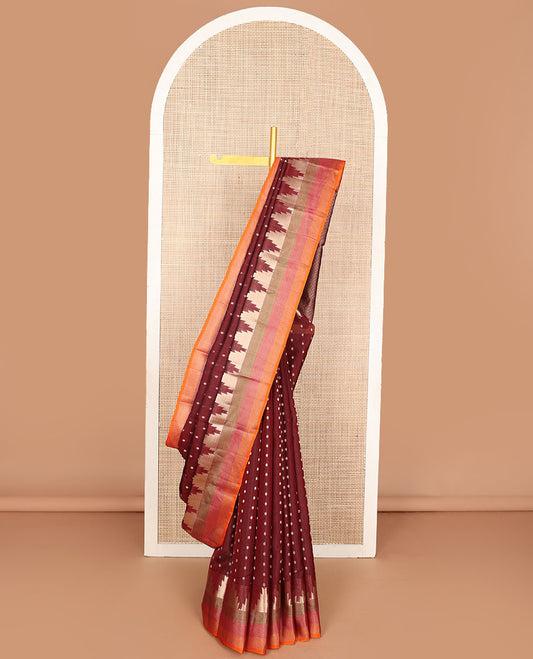 Maroon zari buttas vasundhara silk mix saree, contrast tri-colored striped thazampoo rekku border & jaal design pallu