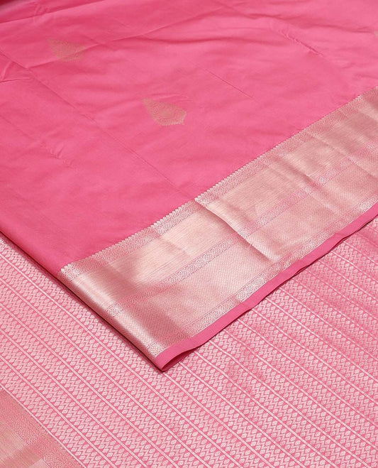 Pink zari buttas Vasundhara silk mix saree, zari border of thilakam mokku, muthu, ogee, and mayil kann, and neli striped pallu