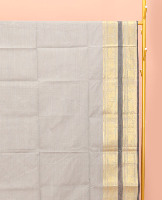 Light Grey Plain Chettinad Cotton Saree, Complemented by a Contrast Traditional Design Border, Pallu of Stripes, and Paired with a Matching Blouse