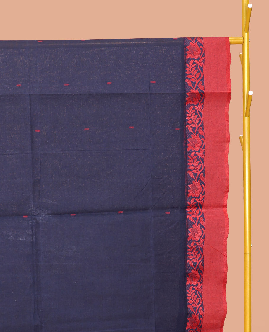 Navy Blue Bengal Cotton Saree, Woven with Buttas, a Contrast Floral Creeper Border, Pallu of Stripes and Buttas, and a Matching Blouse