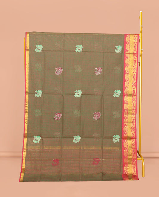 Green Venkatagiri Cotton Saree, Ornamented with Peacock Buttas and Checks, a Contrast Traditional Zari Border, Pallu of Stripes, and No Blouse