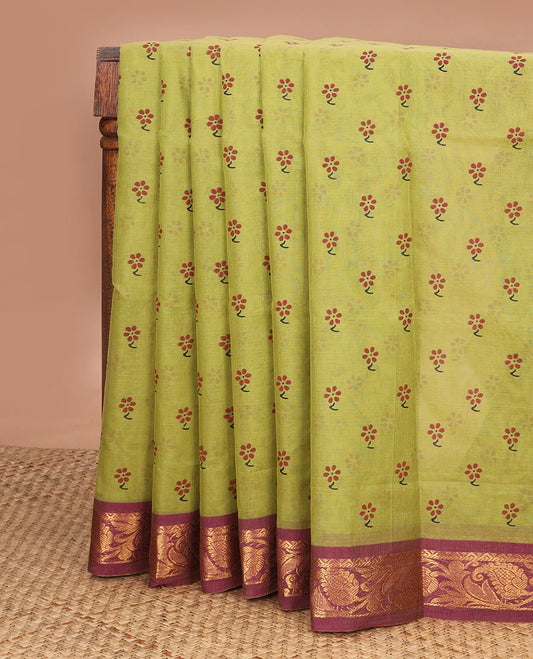 Green floral motifs Venkatagiri cotton saree, contrast floral creeper zari border & pallu of zari stripes & diamond patterns