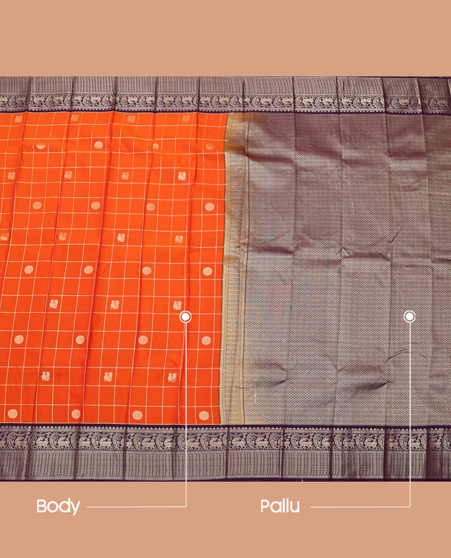 Orange Budget Silk Saree, Finely Crafted with Peacock-Chakram Butta Enclosed Checks, Contrast Traditional Zari Border, Grand Pallu, and a Contrast Blouse