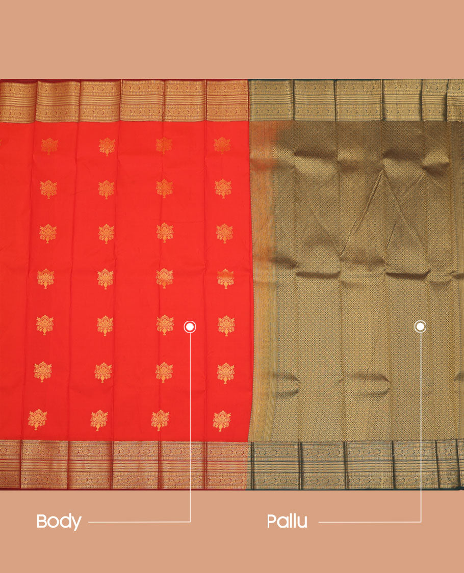 Orange Budget Silk Saree, Elevated with Zari Buttas All Over Its Body, Complemented by a Contrast Traditional Zari Design Border, Grand Jaal Pallu, and Paired with a Contrast Blouse