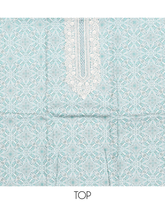 Off-White-Blue Material Chudidar Set, Adorned with Intricate Motifs Print, and Embroidery on Its Jute Cotton Top, a Plain Cotton Bottom, and Paired with Contrast Sequins Striped Chanderi Cotton Dupatta