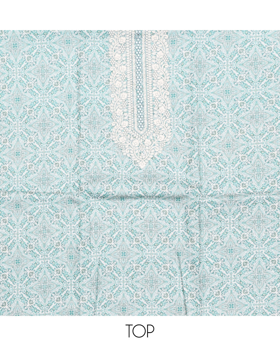 Off-White-Blue Material Chudidar Set, Adorned with Intricate Motifs Print, and Embroidery on Its Jute Cotton Top, a Plain Cotton Bottom, and Paired with Contrast Sequins Striped Chanderi Cotton Dupatta