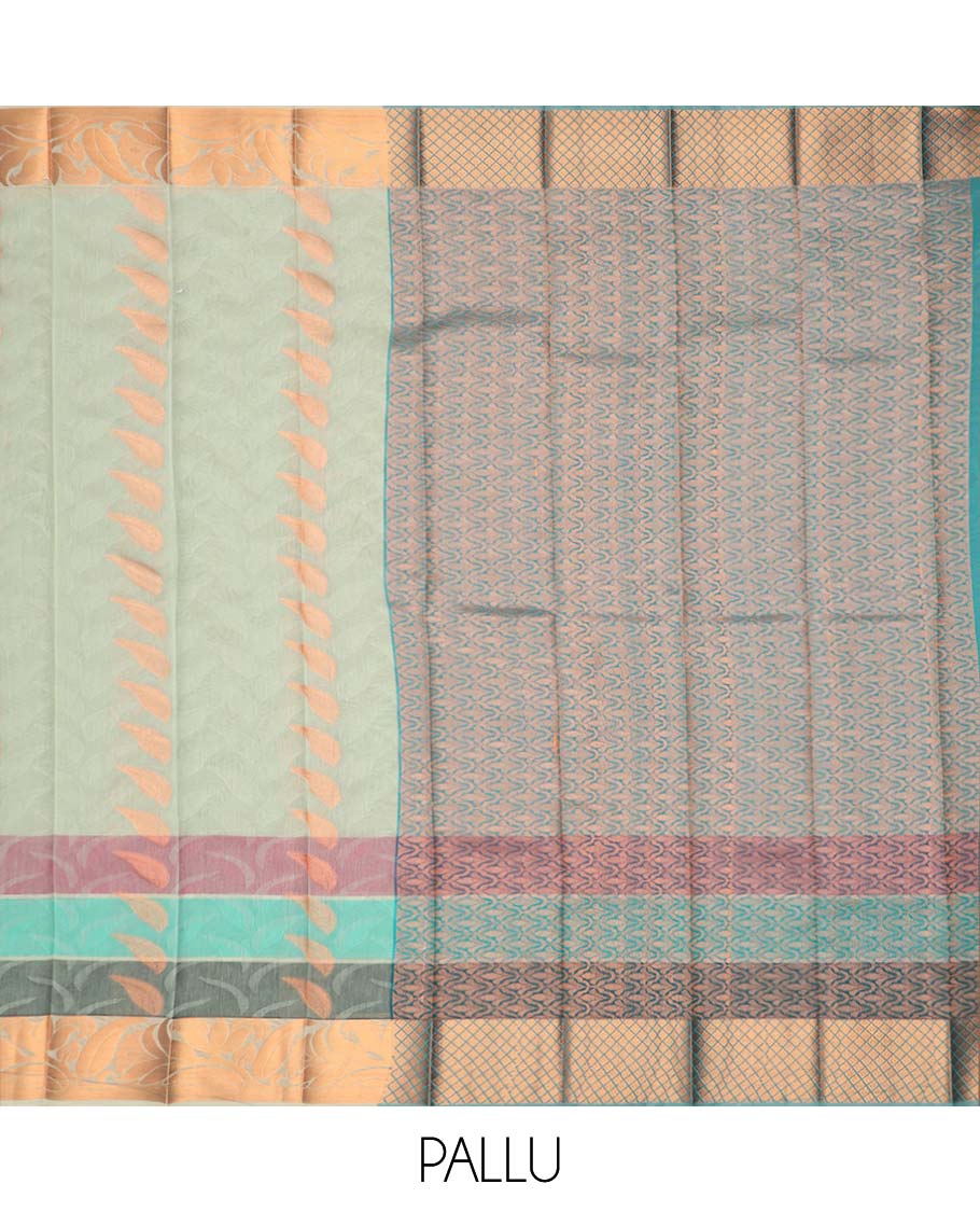 Green leaf motifs kora cotton saree with contrast zari design border & pallu of ogee design