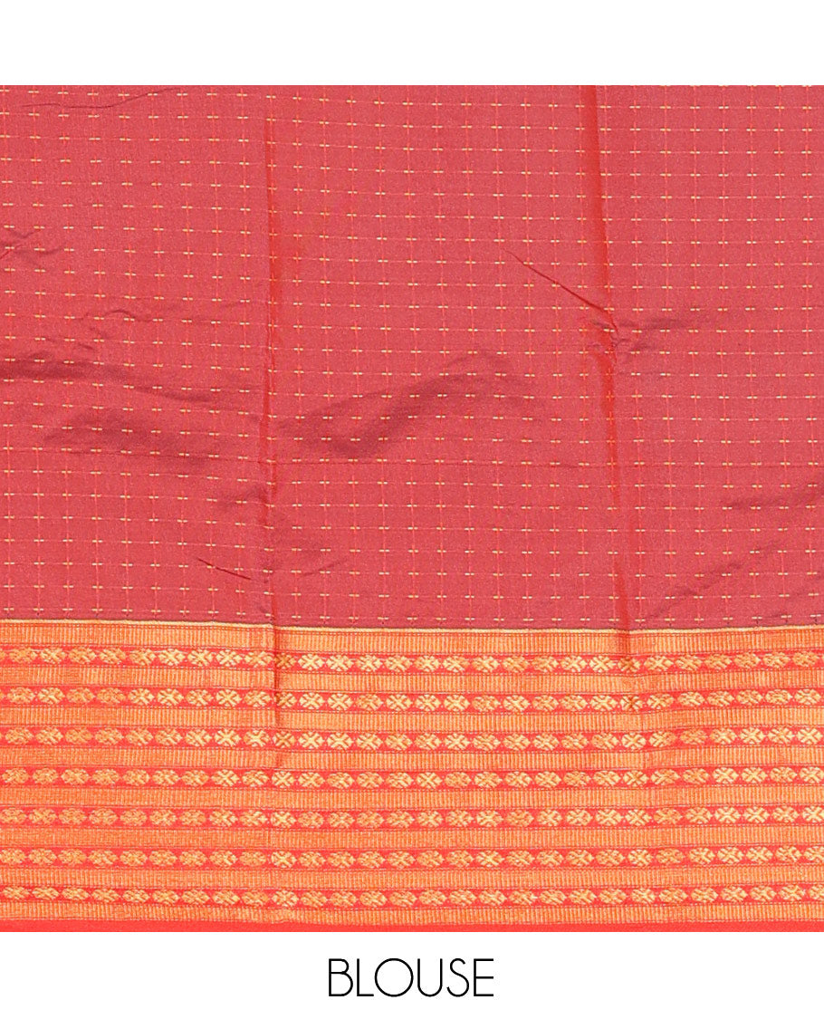 Green-Red Semi-Soft Silk Saree, Adorned with Plus-Shaped Buttas, Complemented by a Contrast Border, Striped Pallu, and a Contrast Blouse