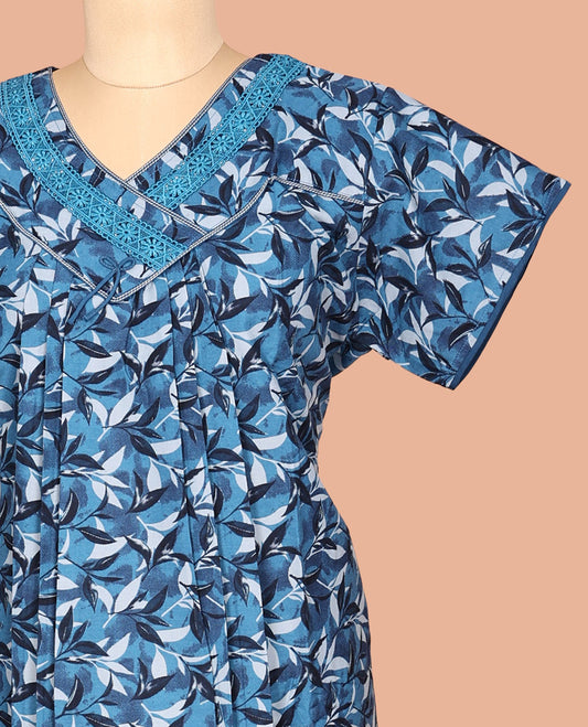 Blue V Neck Cotton-Blended Nighty