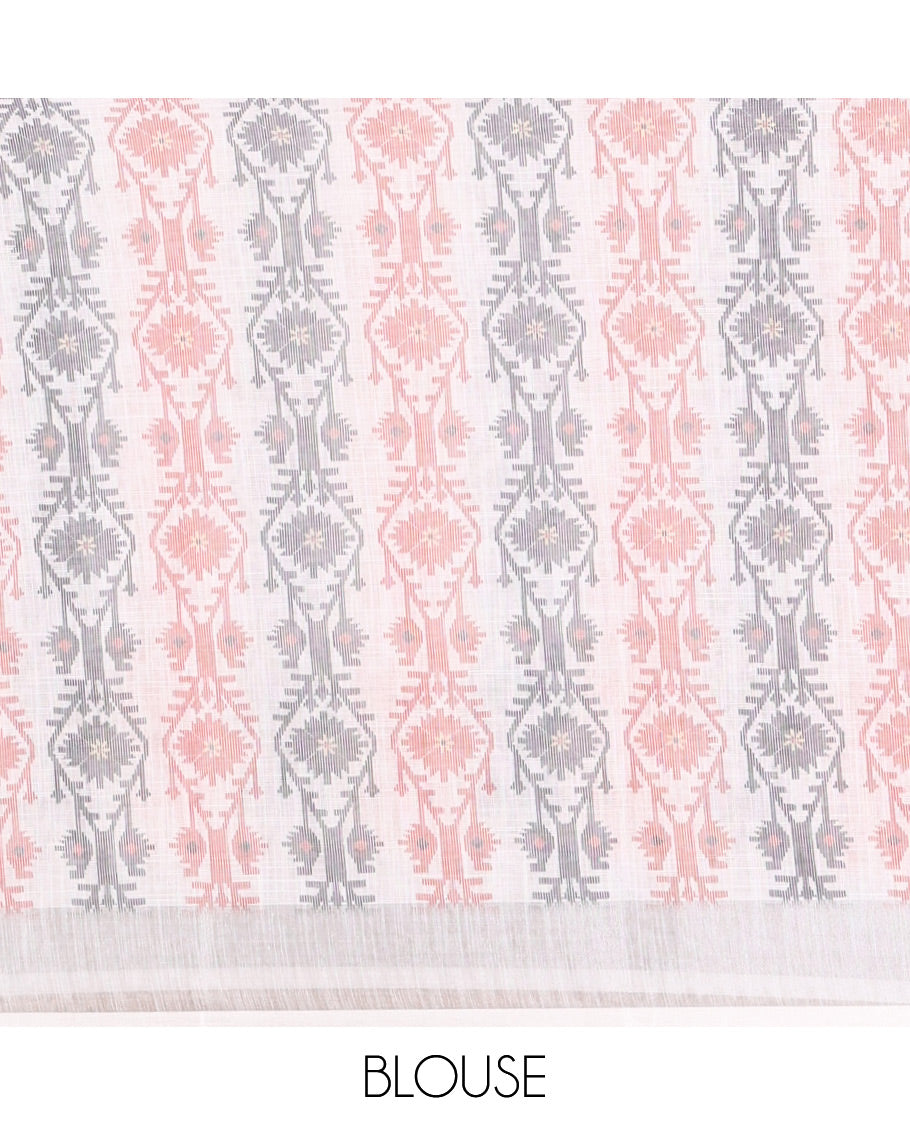 White Plain Linen Cotton Saree, Subtly Sparkled Zari Border of Jamdani-Style Leaf-Floral Designs, Pallu Depicting Jamdani-Style Designs, and Paired with a Matching Blouse