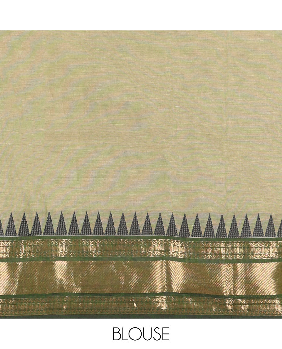 Green Plain Chettinad Cotton Saree, Complemented by Contrast Temple Border of Traditional Zari Designs, Subtly Striped Pallu, and Paired with a Matching Blouse