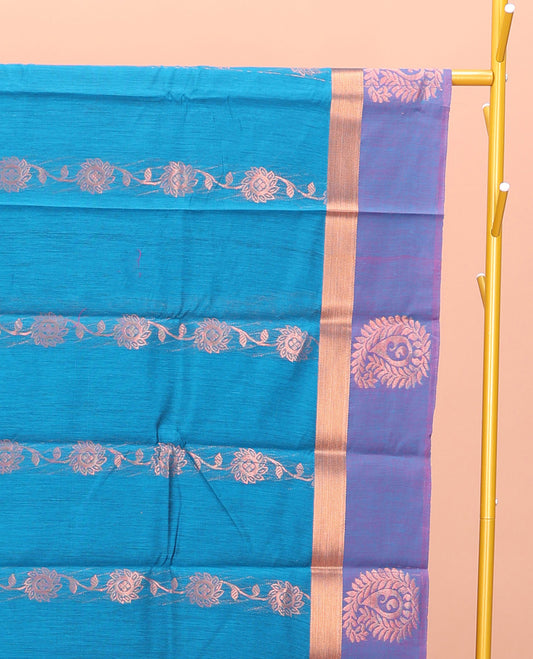 Blue Semi-Silk Cotton Saree, Artfully Detailed with Floral Creeper Design All Over Its Body, Complemented by a Contrast Paisley Zari Design Border, Pallu of Paisley Design, and Paired with a Matching Blouse
