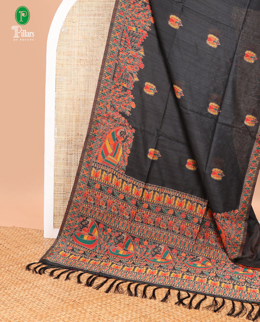 Black madhubani butta embroidery banarasi jute silk saree with madhubani design thread embroidery border & madhubani design thread embroidery, embroidery blouse
