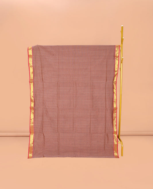Multi-Color Micro-Checked Poly Cotton Saree, Complemented by Contrast Traditional Zari Design Border, Pallu of Stripes, and Paired with a Contrast Blouse
