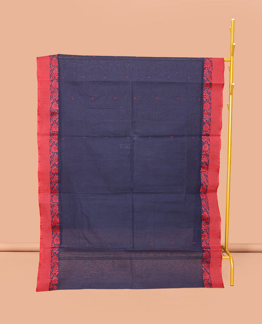 Navy Blue Bengal Cotton Saree, Woven with Buttas, a Contrast Floral Creeper Border, Pallu of Stripes and Buttas, and a Matching Blouse