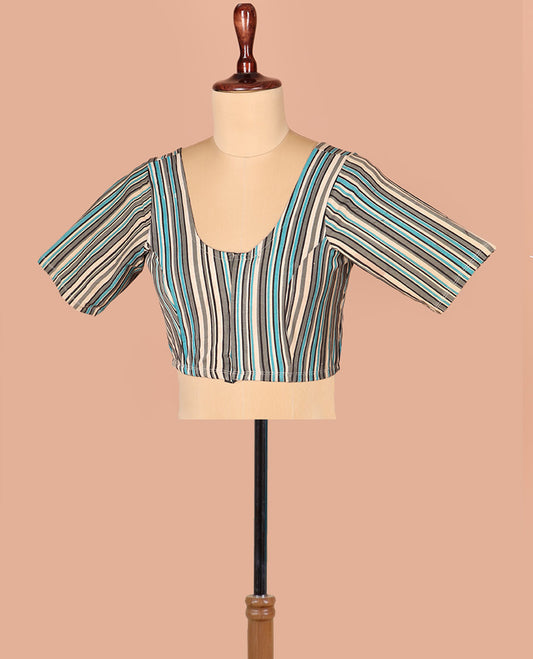 Multi-Color Readymade Blouse Subtly Printed with Stripes, Featuring Front Round Neck, Back Round Neck, and Elbow Sleeves
