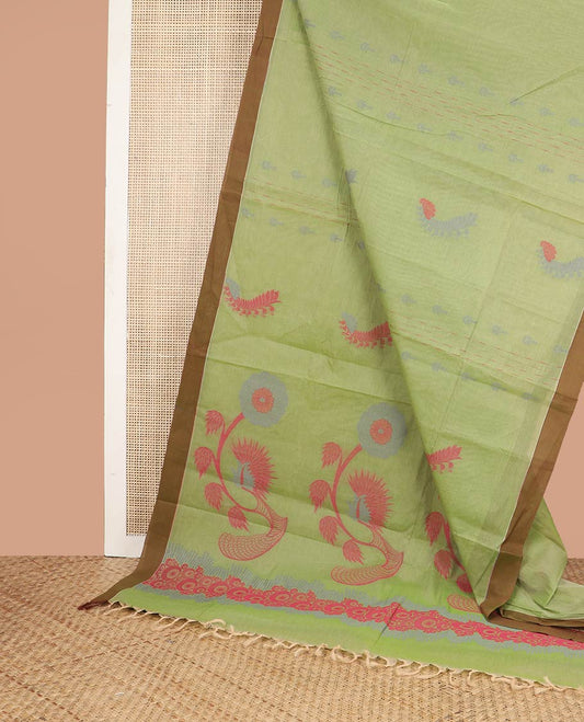Light green motifs coimbatore cotton saree with contrast border & floral design pallu