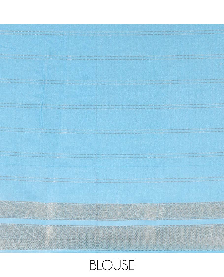 Blue Milan Moss Chiffon Saree, Elevated with Stripes on Its Body, Complemented by a Contrast Geometric-Patterned Zari Border, Pallu of Stripes and Temple Designs, and Paired with a Contrast Blouse