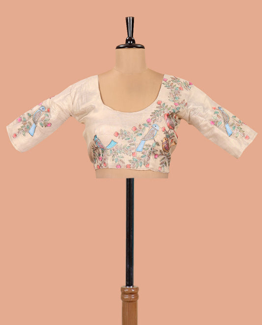 Borderless Off-White Tissue Saree, Enthralled with Colorful Floral-Bird Motif Printed with Outline Embroidery on Its Body, and Paired with a Readymade Elbow-Sleeve Round-Neck Blouse