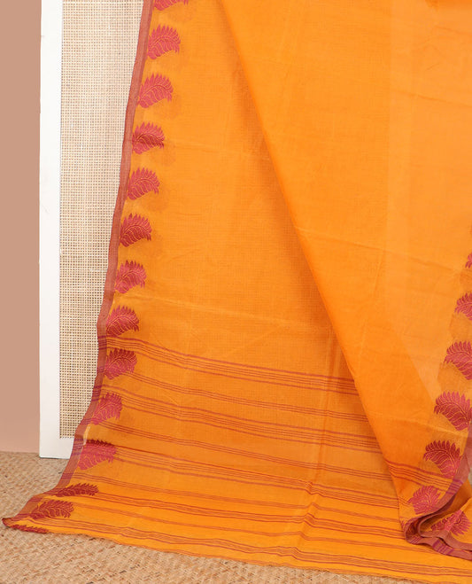 Orange bengal cotton saree with self border of leaf design & striped pallu