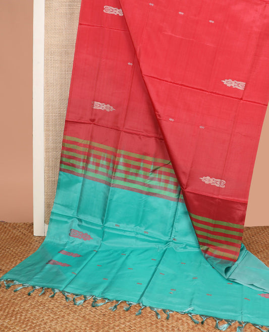 Borderless Red Banana Pith Saree, Vibrantly Woven with Buttas All Over Its Body, Complemented by a Contrast Pallu of Buttas, and Paired with a Contrast Blouse