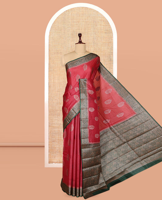 Red Tusser Silk Saree, Subtly Sparkled with Zari Buttas, a Contrast Floral Zari Border, Intricate Pallu, and a Contrast Blouse