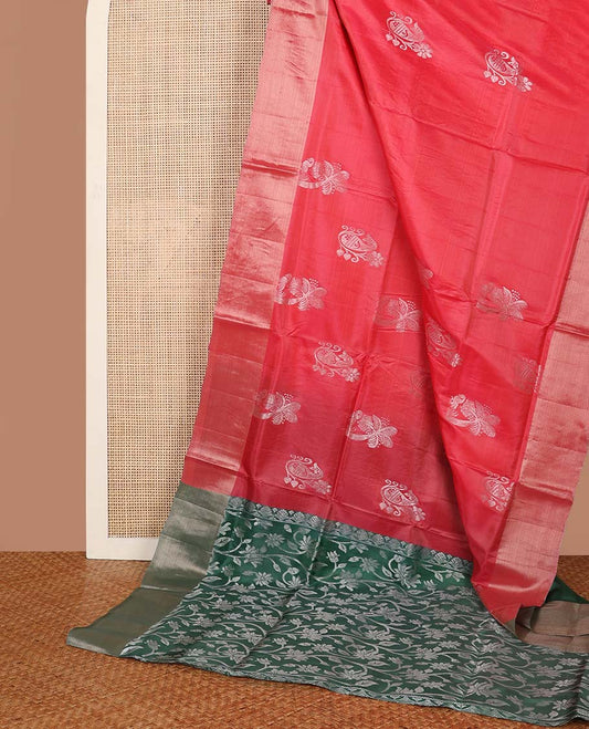Red floral motifs uppada saree with self zari border & floral vine design pallu
