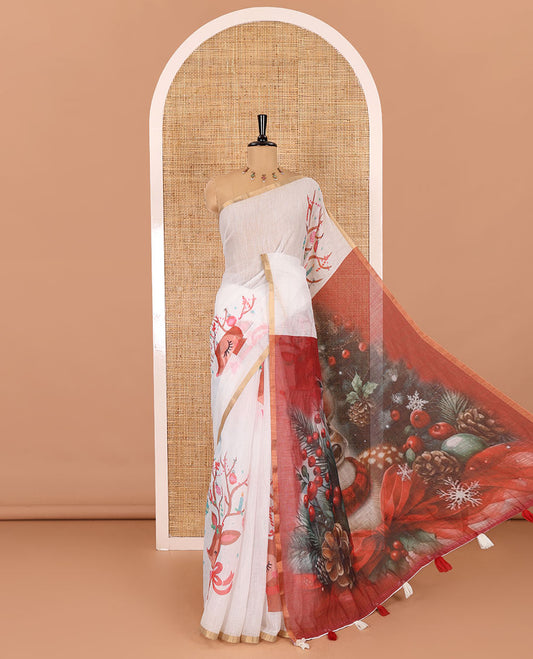Borderless white Christmas-theme Jingle bells, and reindeer motifs printed linen cotton saree, Chirtmas theme digital printed pallu, and a cherry motifs printed blouse