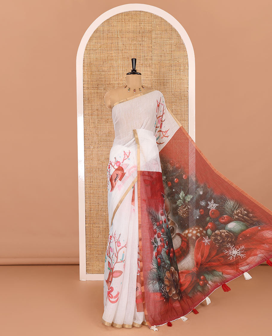 Borderless white Christmas-theme Jingle bells, and reindeer motifs printed linen cotton saree, Chirtmas theme digital printed pallu, and a cherry motifs printed blouse