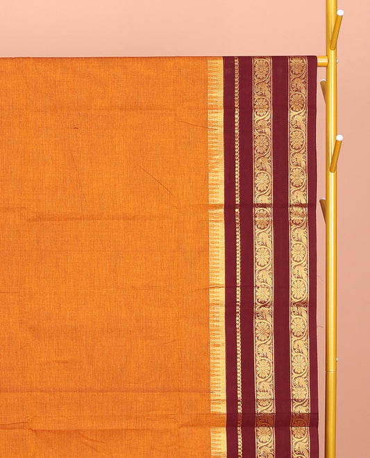 Orange Plain Chettinad Cotton Saree, Contrast Temple Varisai Pettu Floral Creeper Border, Striped Pallu, and a Matching Blouse