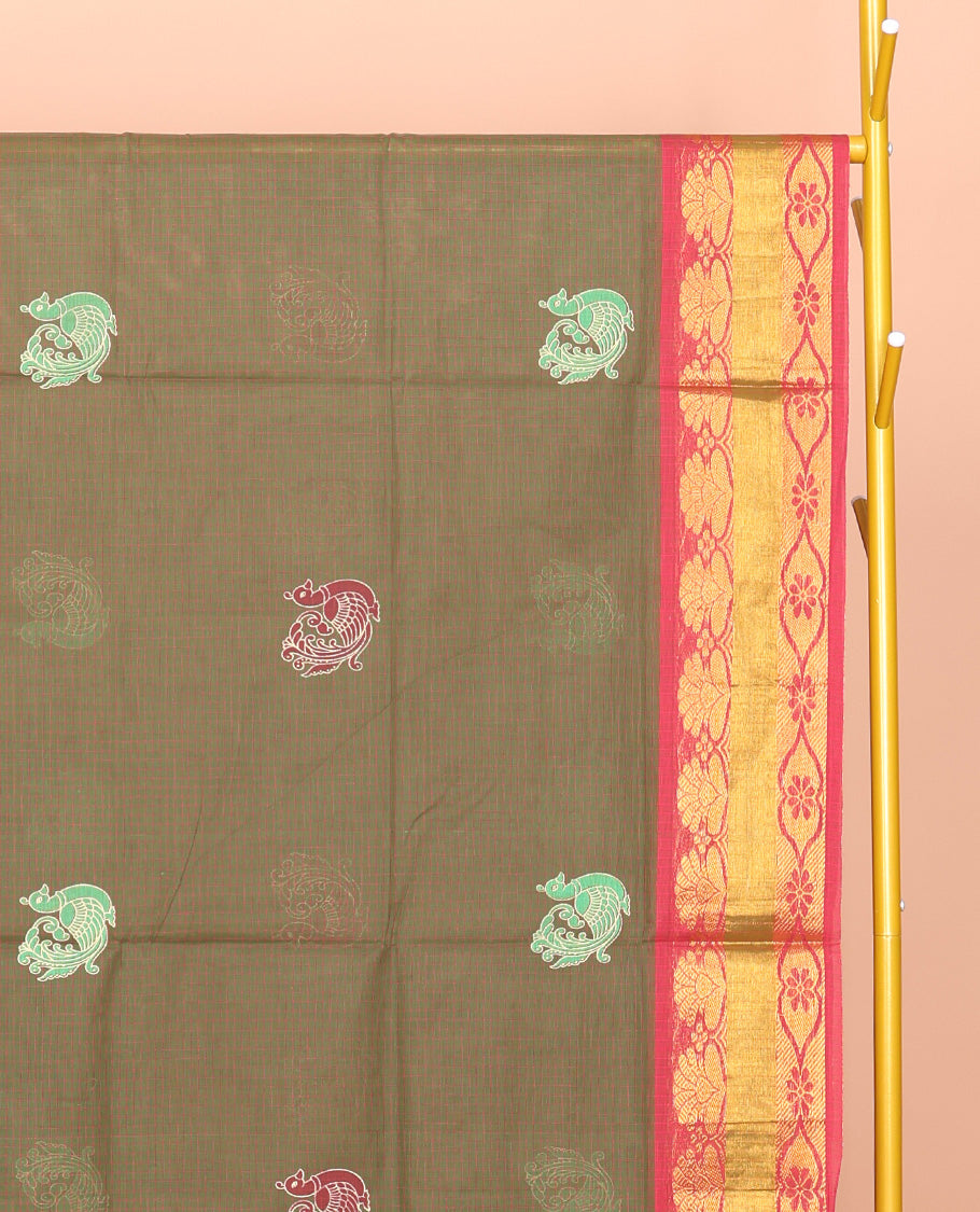Green Venkatagiri Cotton Saree, Ornamented with Peacock Buttas and Checks, a Contrast Traditional Zari Border, Pallu of Stripes, and No Blouse