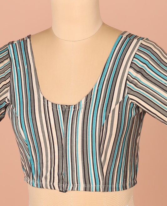 Multi-Color Readymade Blouse Subtly Printed with Stripes, Featuring Front Round Neck, Back Round Neck, and Elbow Sleeves
