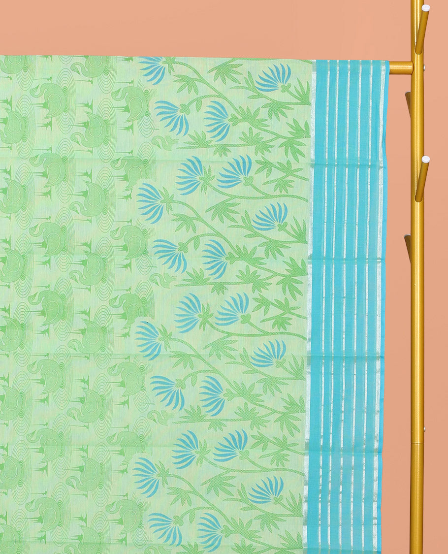 Mint Green Chirala Cotton Saree, Decked Up with Swan and Floral Print, Contrast Striped Border, Floral Printed Pallu, and a Matching Blouse