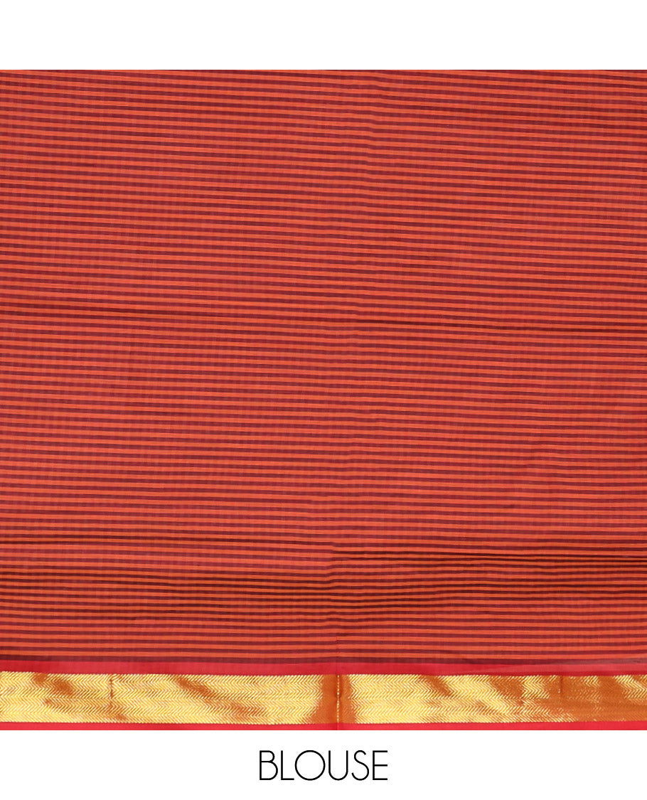 Multi-Color Micro-Checked Poly Cotton Saree, Complemented by Contrast Traditional Zari Design Border, Pallu of Stripes, and Paired with a Contrast Blouse