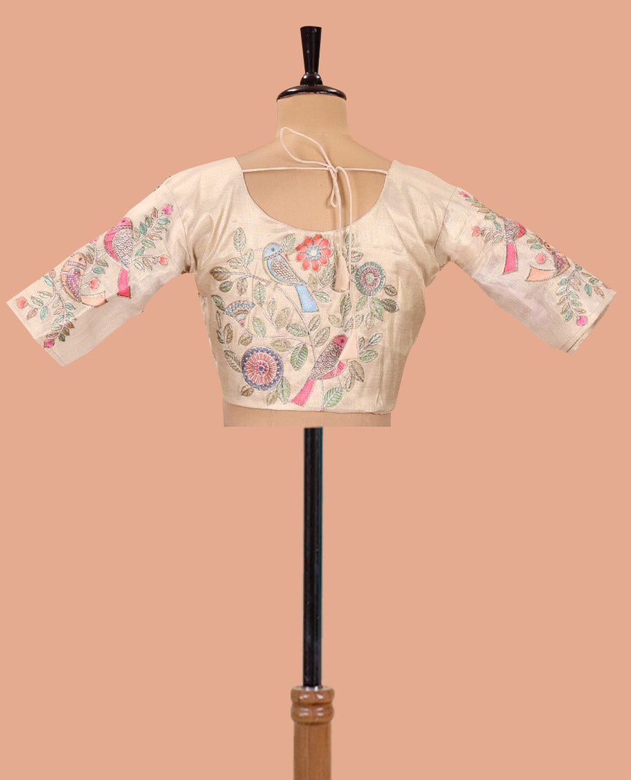 Borderless Off-White Tissue Saree, Enthralled with Colorful Floral-Bird Motif Printed with Outline Embroidery on Its Body, and Paired with a Readymade Elbow-Sleeve Round-Neck Blouse